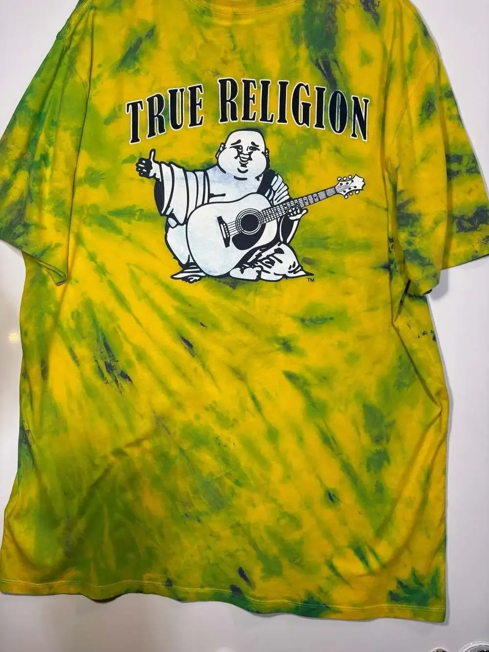 True Religion Men's Yellow and Green Tie-Dye Buddha Logo Graphic T-Shirt XXL